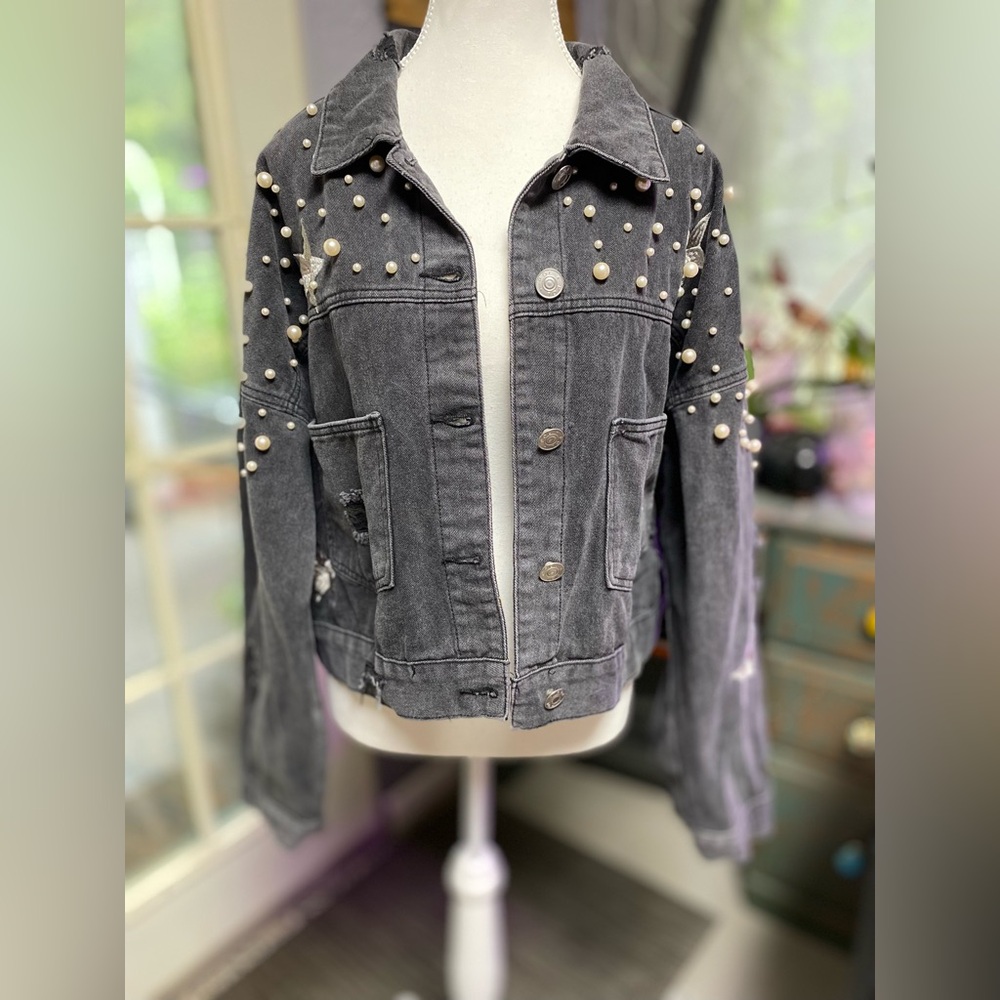 POL Pearl Studded Black Denim Jacket